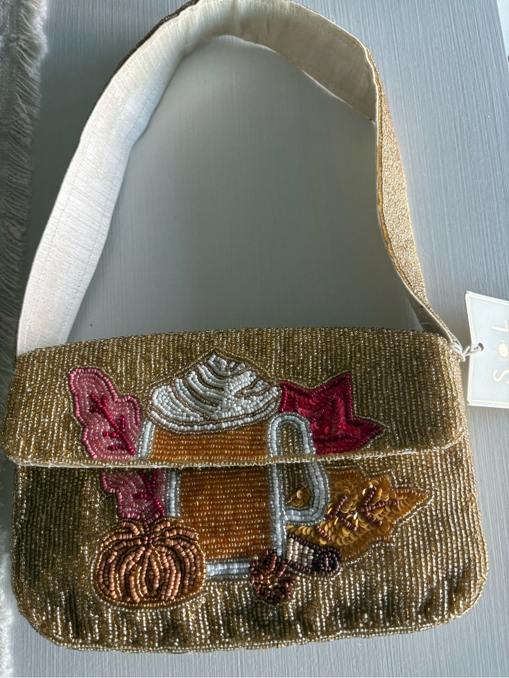 Mer Sol Gorgeous Gold Beaded Shoulder Bag with Autumn Motif - Women New with Tag